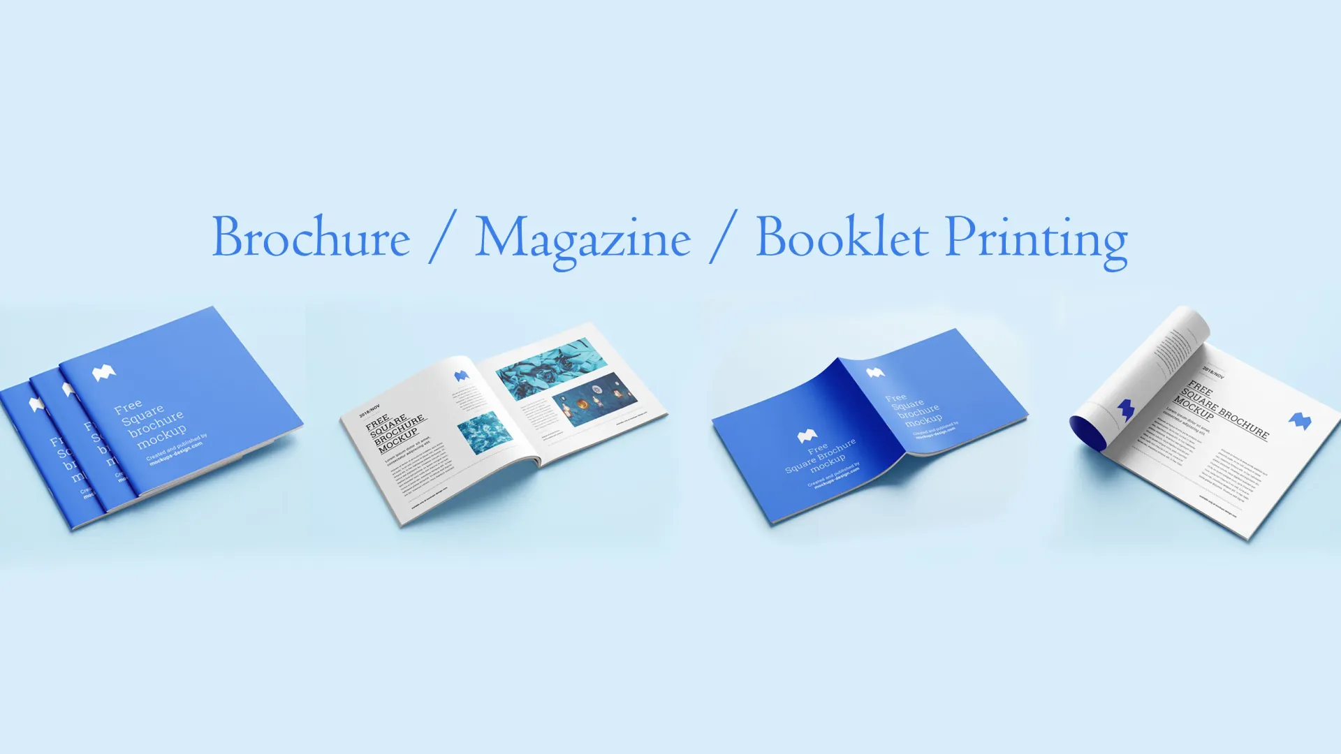 Colorful brochure flyer and booklet printing samples arranged on designer workspace