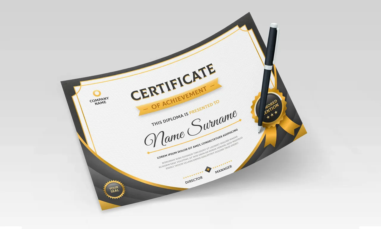 Official award certificates printed on thick security paper with foil seals
