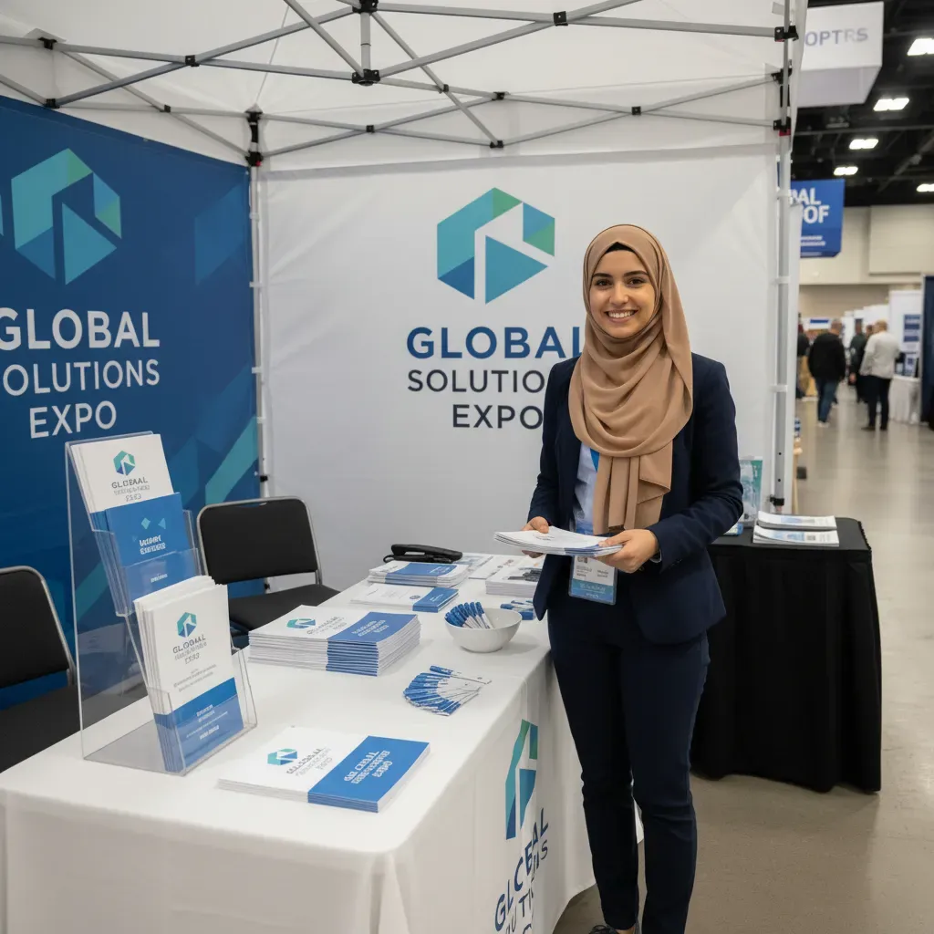 Professional printing services display at expo with diverse printed materials